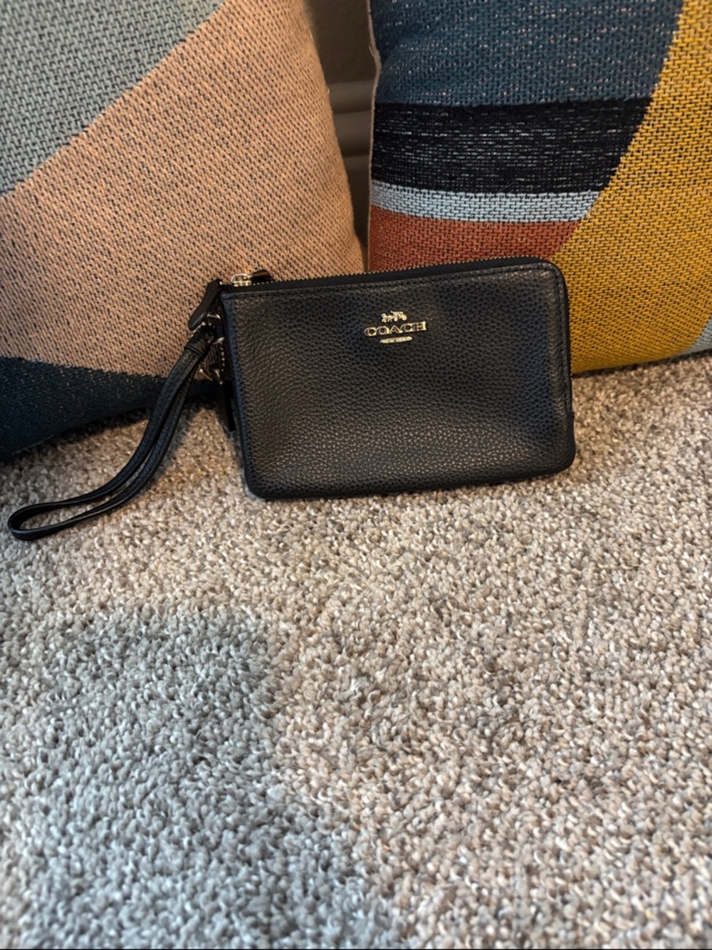 Coach Black Pebbled Leather Zip Wristlet with Gold Logo